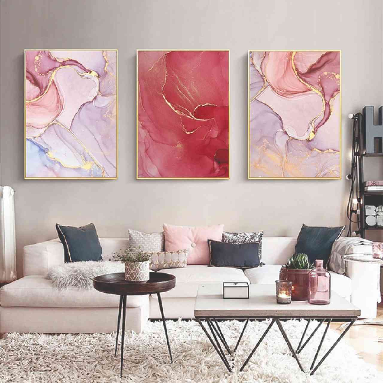 cuadros rosa, living , trio de 65x90 cm, rojo, lilas y rosa pastel 7.