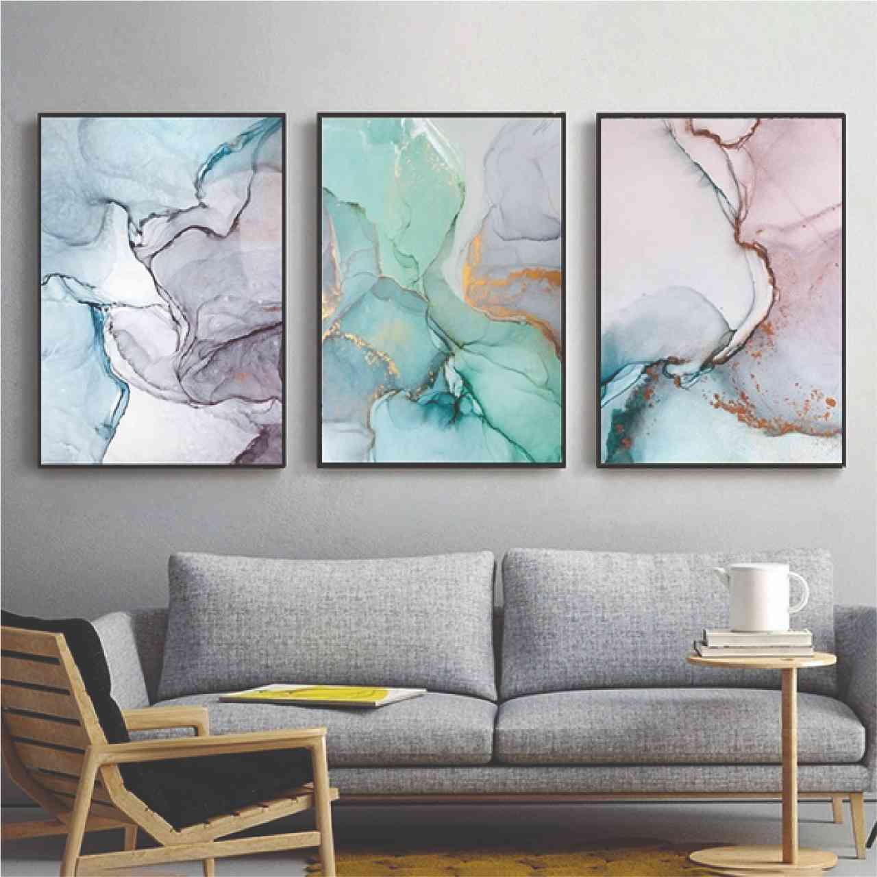 cuadros, trio de 65x90 cm, celeste, turquesa y gris 10.