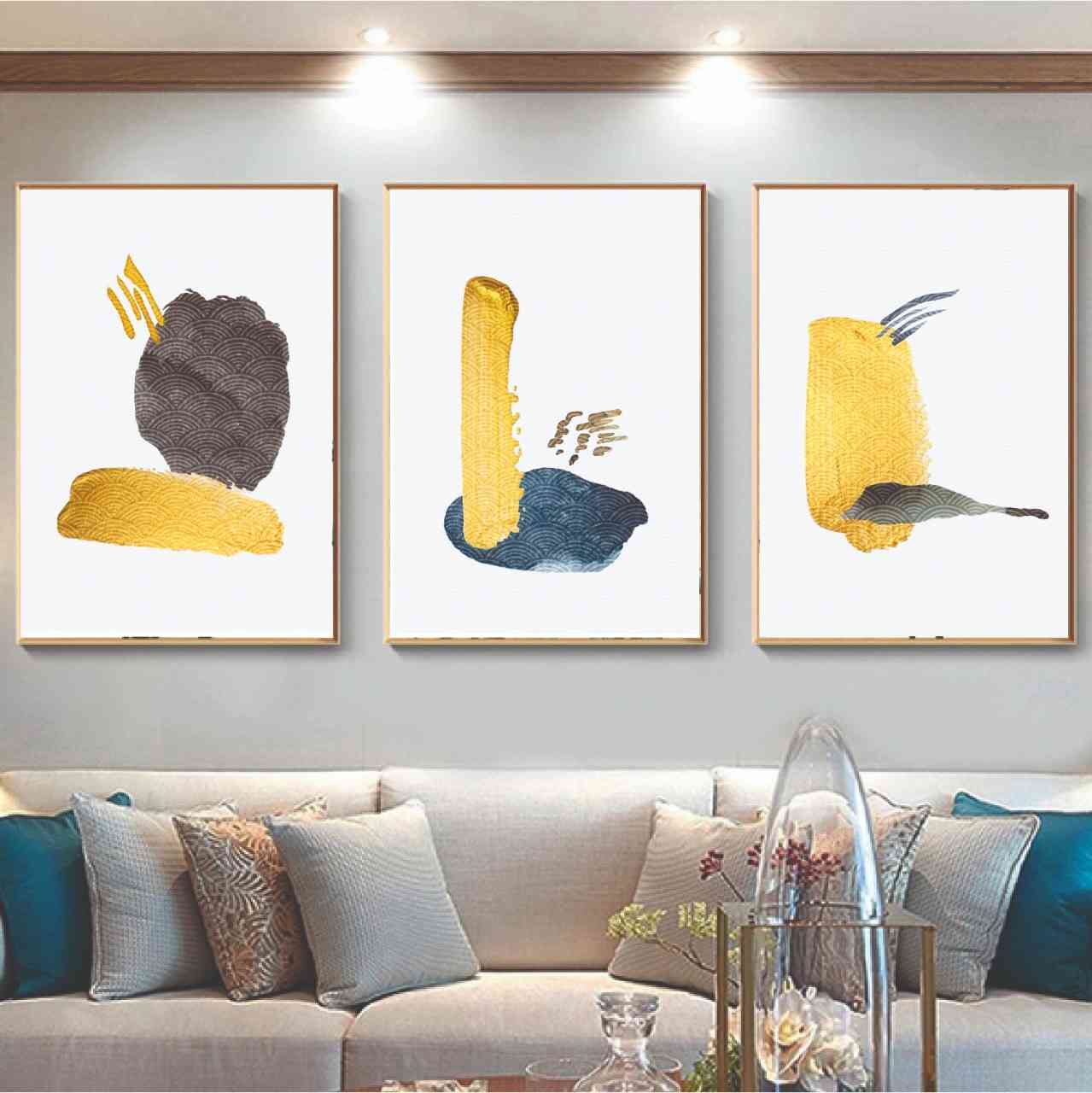 cuadros grandes, set de tres, 65x90 cm, abstractos amarillo y negro 11.