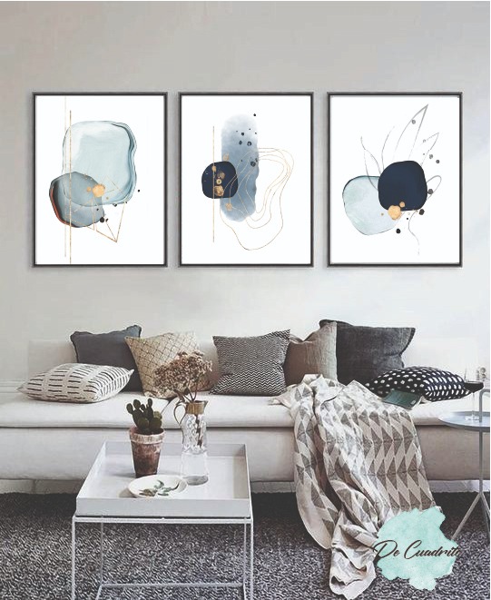 cuadros, trio, estar de 65x90 cm, abstracto en azul y gris, 15.