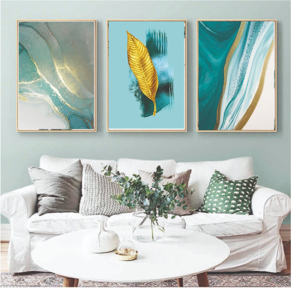 cuadros decorativos, set de 3, 50x70 cm turquesas dorados y blancos 7.