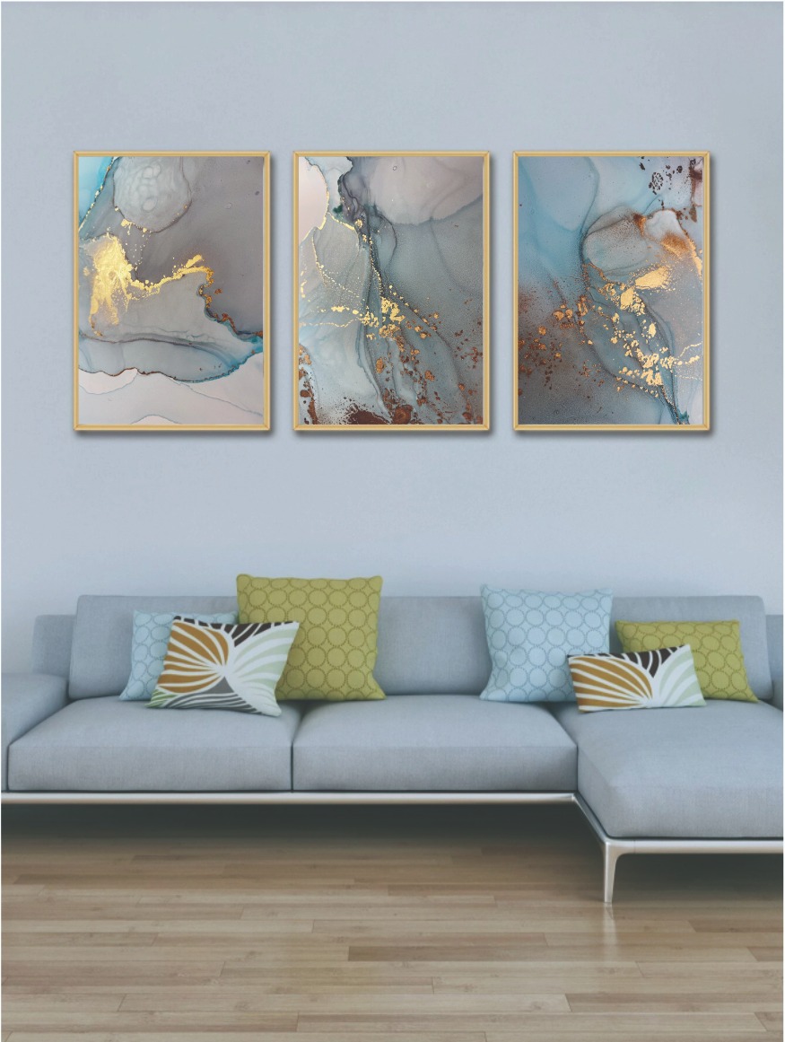 cuadros decorativos, set de 3, 50x70cm celeste oscuro y plomo con toques dorados 20.