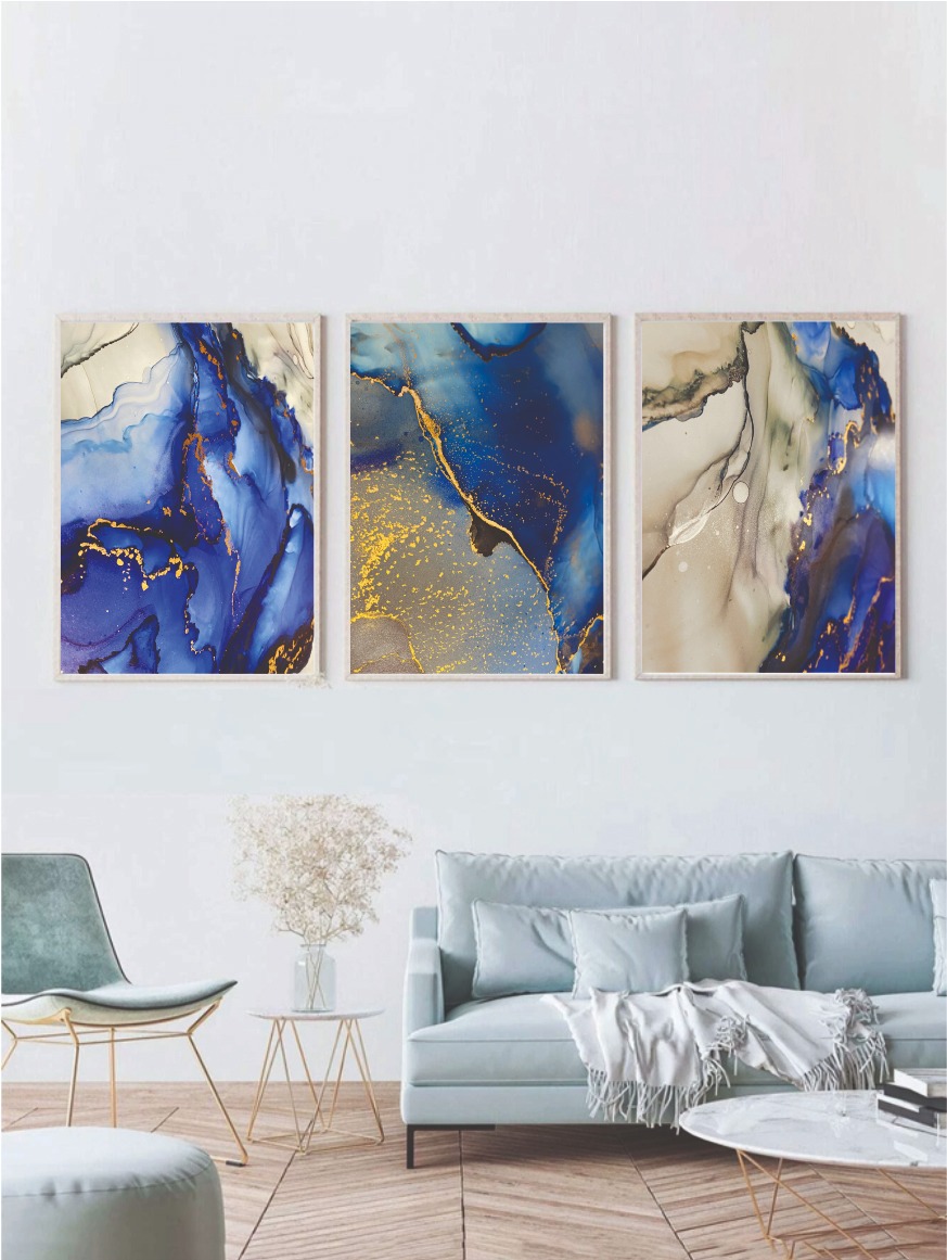 cuadros decorativos, set de 3, 50x70 cm azul oscuro y amarillos 22.