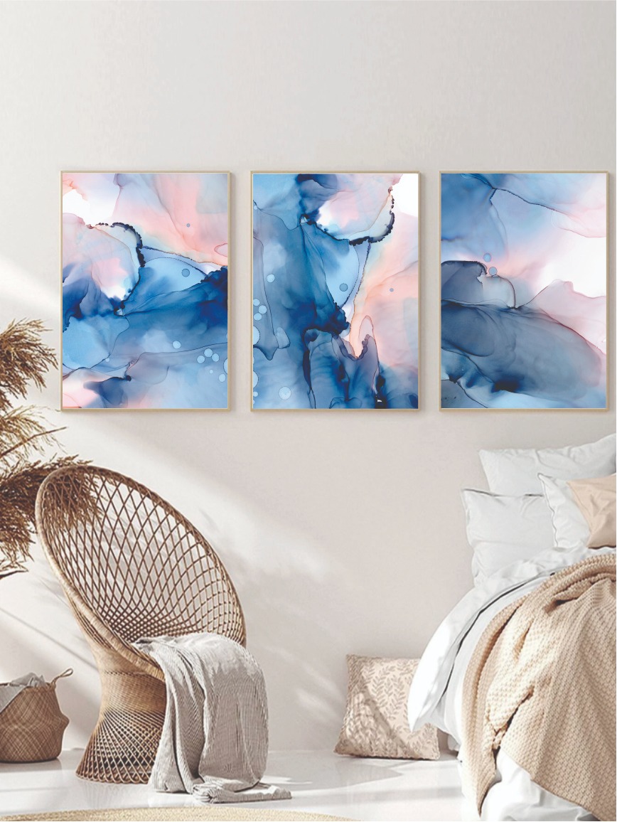 cuadros decorativos, set de 3, 50x70cm azul, rosa y blancos pasteles 23.