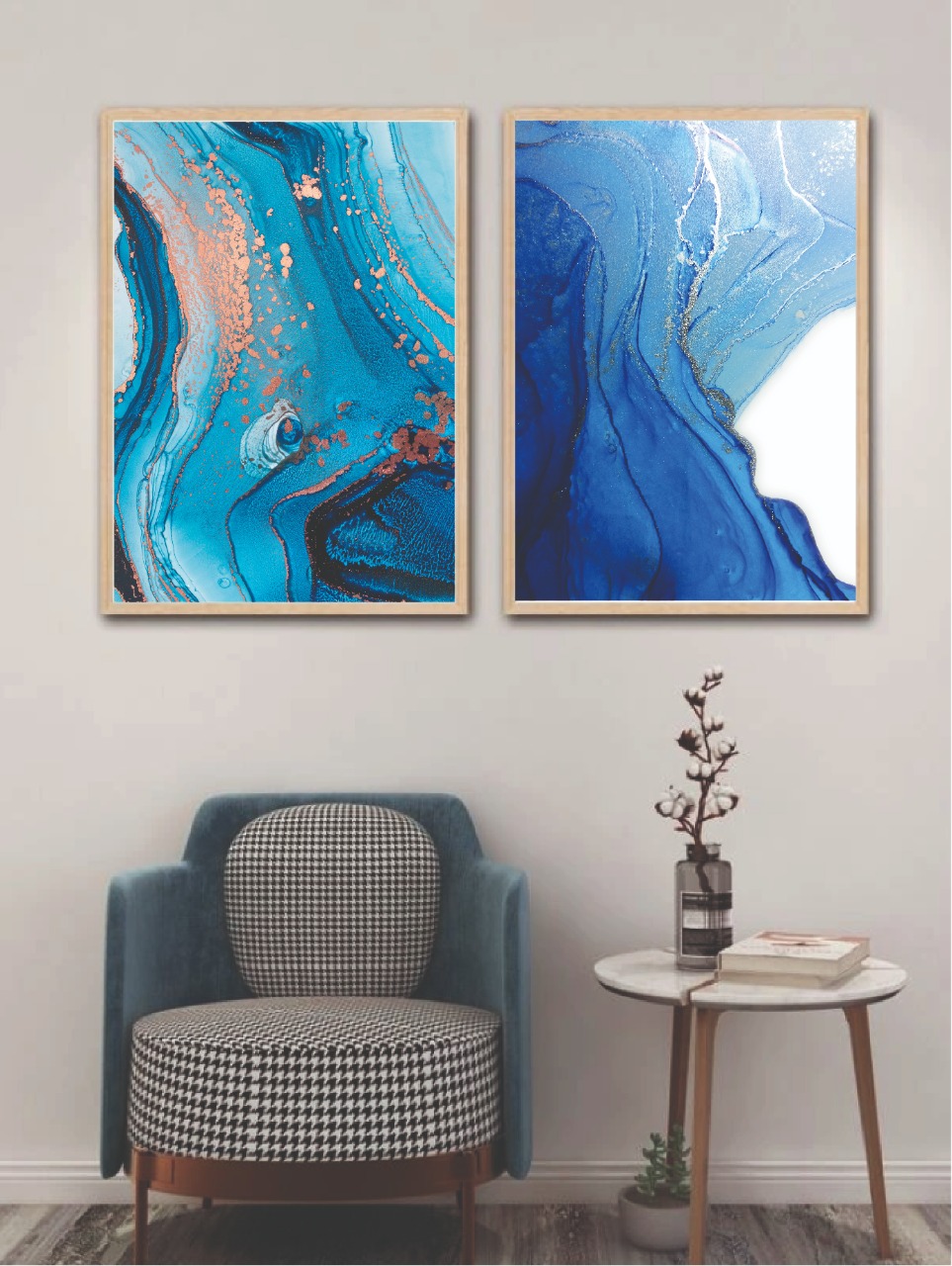 cuadros, set de 2, 50x70 cm azul marino, azul profundo y celeste 26.