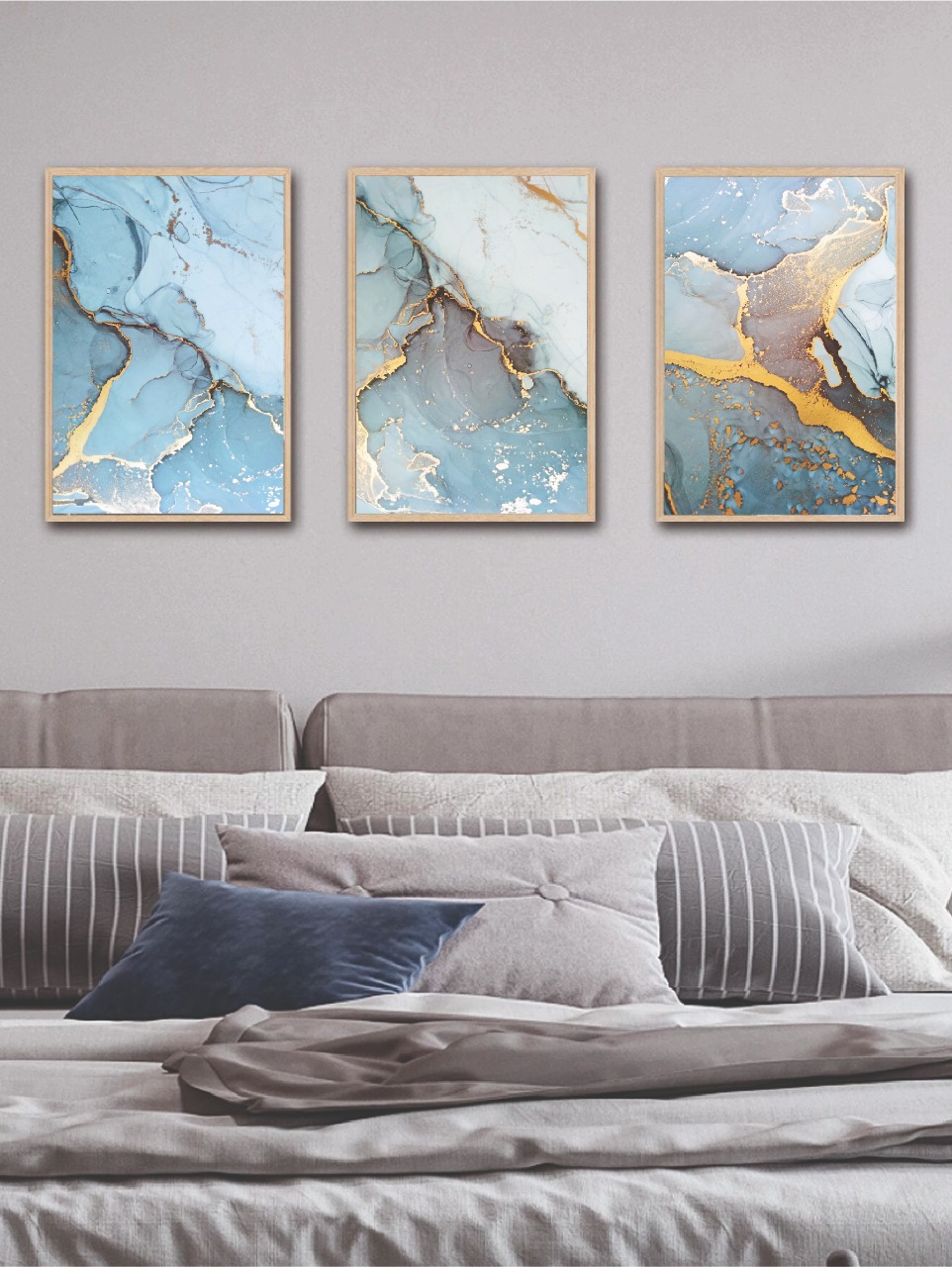 cuadros decorativos, set de 3, 50x70 cm azul cielo, celeste y dorado 3.