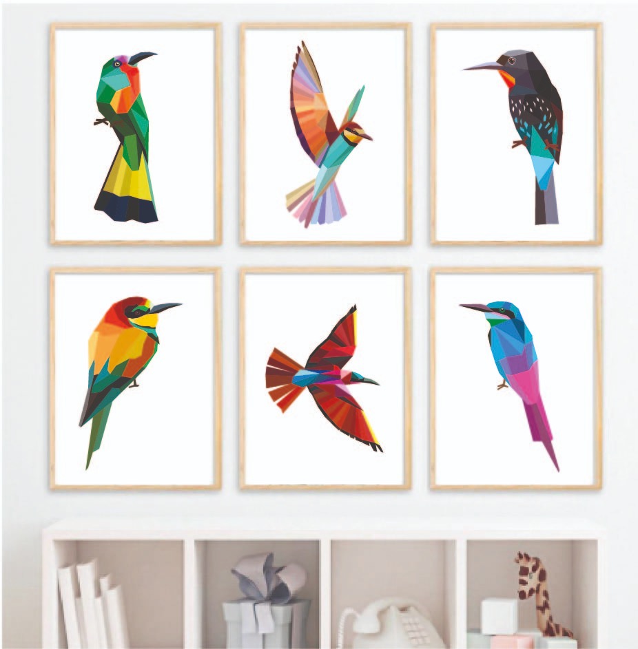 cuadros aves, set de 6, de 33x43 cm pajaritos abstractos