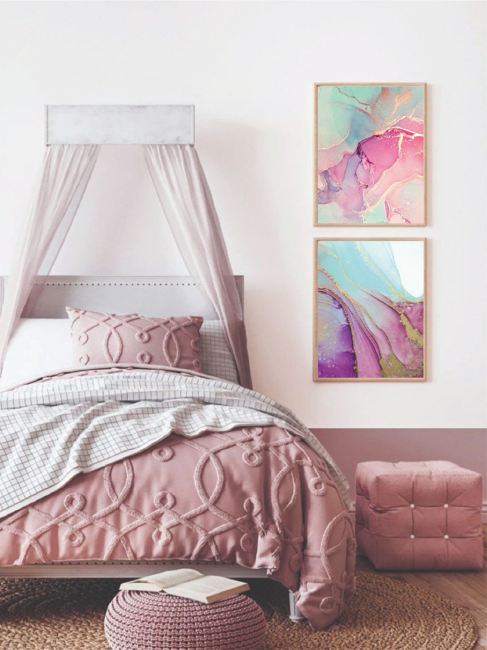  cuadros dormitorio, pareja, 33x43 cm rosado, celeste y morado. 20