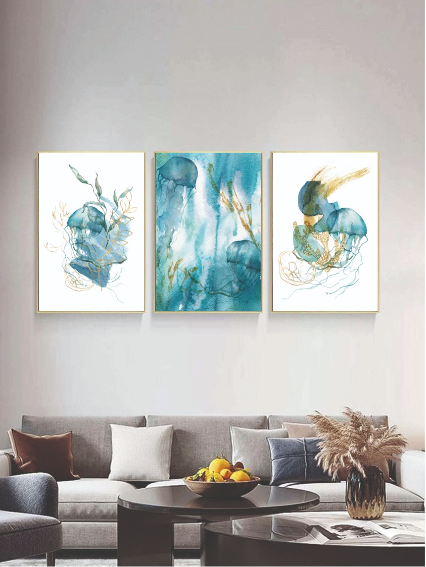 cuadros decorativos, set de 3, 50x70 cm medusas en azul 28